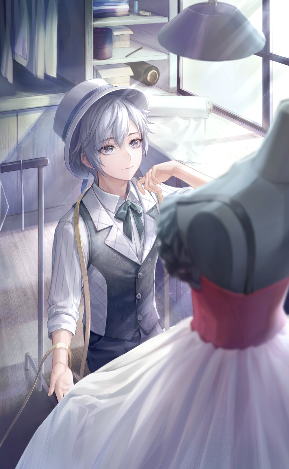 nikki (series), shining nikki, artist request, game cg, highres, official art, 1boy, black bow, black bowtie, black pants, black vest, bow, bowtie, buttons, ceiling light, closed mouth, collared shirt, collared vest, cowboy shot, day, dress, dress pants, fabric, grey eyes, grey hair, grey hat, hair between eyes, happy, hat, helz (shining nikki), indoors, lapels, light rays, looking at object, loose hair strand, mannequin, notched lapels, on stool, pants, pen, pocket, sewing, shirt, short hair, sitting, smile, solo, striped clothes, striped shirt, studio, sunlight, unworn dress, vertical-striped clothes, vertical-striped shirt, vest, white shirt, wooden floor