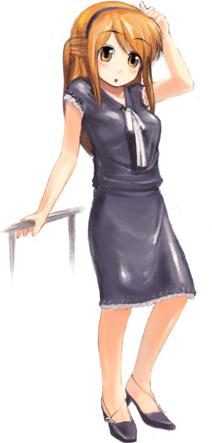 negy, asahina mikuru, suzumiya haruhi no yuuutsu, 00s, 1girl, arm up, barefoot, black dress, black shirt, black shoes, black skirt, blush, brown hair, casual, dress, female focus, flats, full body, high heels, holding, looking at viewer, pencil skirt, shirt, shoes, short sleeves, simple background, skirt, solo, standing, white background