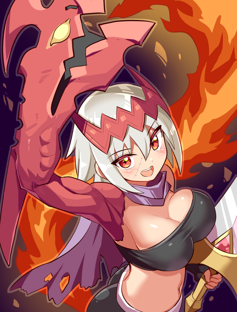 cougar (cougar1404), empress (dmfd), dragon: marked for death, 1girl, arm up, black skirt, black tube top, breasts, cleavage, colored skin, fire, grey hair, holding, holding sword, holding weapon, large breasts, multicolored skin, navel, red eyes, red skin, scar, scar on face, short hair, skirt, solo, strapless, sword, tube top, two-tone skin, weapon