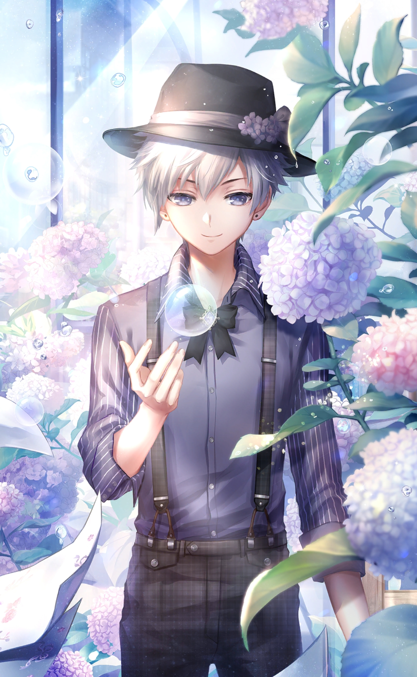 nikki (series), shining nikki, artist request, flower request, game cg, highres, official art, 1boy, black bow, black bowtie, black hat, black pants, blue eyes, blue flower, blue shirt, bow, bowler hat, bowtie, bubble, buttons, closed mouth, collared shirt, cowboy shot, dress shirt, earrings, floating paper, flower, greenhouse, grey hair, hair between eyes, hat, hat flower, helz (shining nikki), indoors, jewelry, light particles, light rays, looking at object, male focus, pants, pink flower, plaid clothes, plaid pants, plant, pocket, potted plant, purple flower, shirt, short hair, smile, solo, standing, straight-on, striped clothes, striped shirt, stud earrings, sunlight, suspenders, vertical-striped clothes, vertical-striped shirt, window