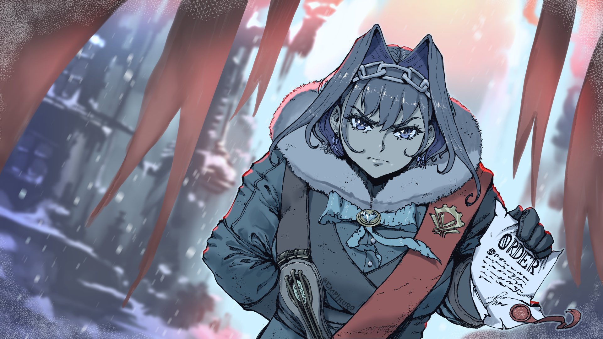 empikuro, ouro kronii, frostpunk, hololive, hololive english, highres, banner, black gloves, blue eyes, blue hair, blue ribbon, bow, bow earrings, chain, chain headband, coat, colored inner hair, earrings, gloves, hair intakes, heart-shaped gem, jewelry, multicolored hair, paper, ribbon, ribbon earrings, snow, virtual youtuber, wax seal, winter, winter clothes, winter coat