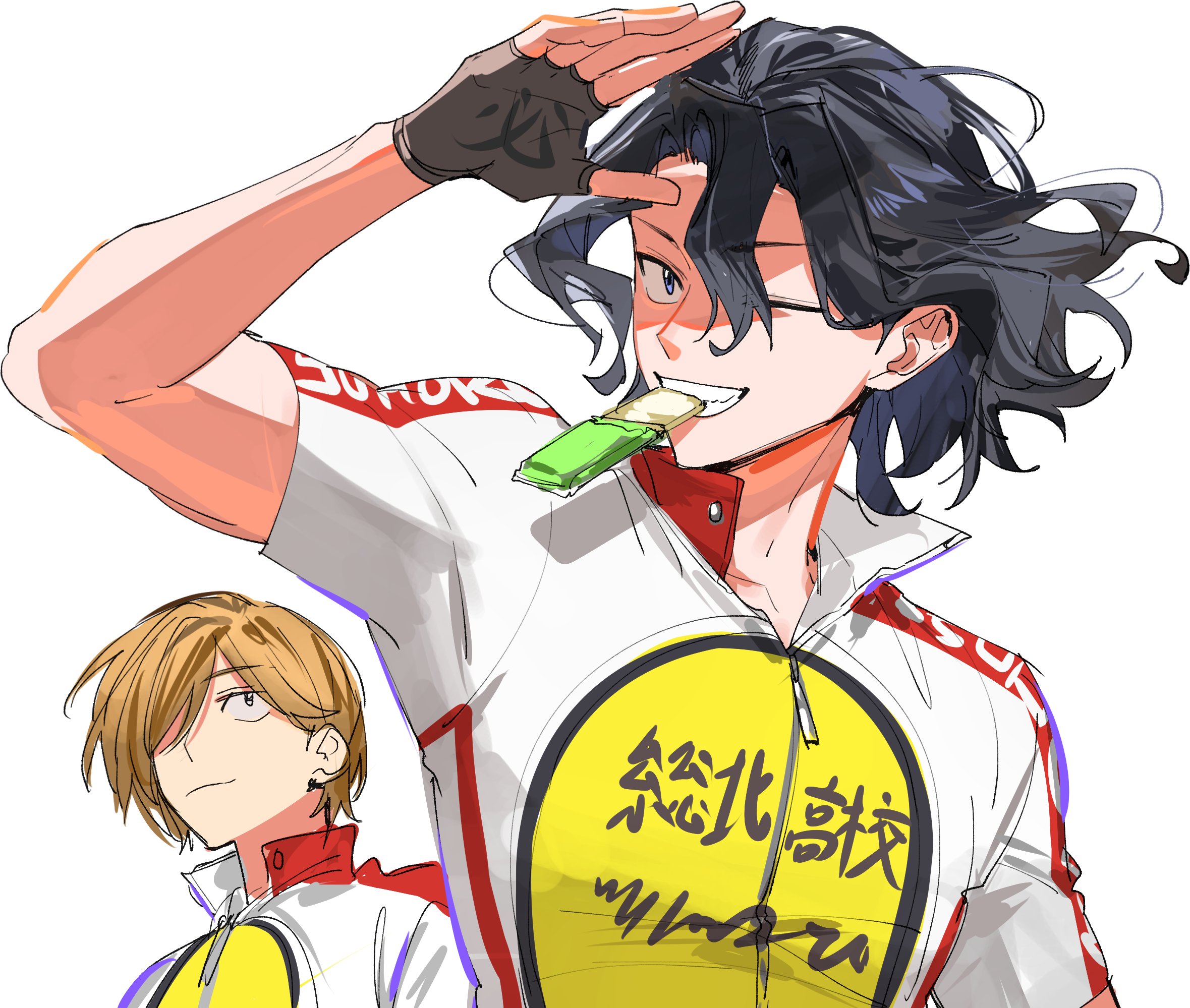 kaohom503 2, aoyagi hajime, teshima junta, yowamushi pedal, commentary request, highres, 2boys, black gloves, black hair, blue eyes, brown hair, closed mouth, cycling uniform, fingerless gloves, gloves, hair over one eye, male focus, mouth hold, multiple boys, one eye closed, short hair, simple background, smile, teeth, teeth hold, upper body, white background, zipper pull tab