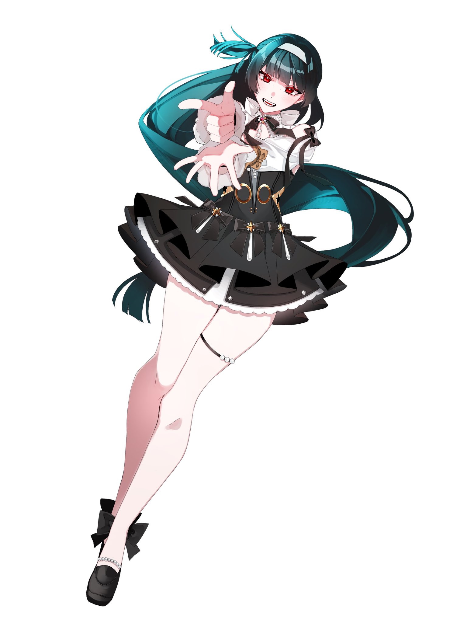 03×03, astra yao, astra yao (chandelier), zenless zone zero, highres, 1girl, black dress, black shoes, blunt bangs, dress, dutch angle, green hair, hairband, open mouth, red eyes, shoes, simple background, smile, solo, white background, white hairband