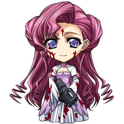 yoshida inuhito, euphemia li britannia, code geass, lowres, 00s, 1girl, blue eyes, breasts, choker, cleavage, donut hair bun, dress, drill hair, female focus, hair bun, holding, juliet sleeves, long hair, long sleeves, looking at viewer, pink dress, pink hair, puffy long sleeves, puffy sleeves, simple background, solo, standing, tattoo, very long hair, white background