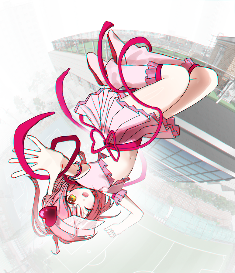 amulet heart, hinamori amu, shugo chara!, commentary, hashtag-only commentary, symbol-only commentary, 1girl, blush, chromatic aberration, floating, full body, lan lan, leg warmers, looking at viewer, magical girl, one eye closed, outstretched arm, pink hair, pink leg warmers, pink skirt, ribbon, skirt, smile, solo, upside-down, visor cap, yellow eyes