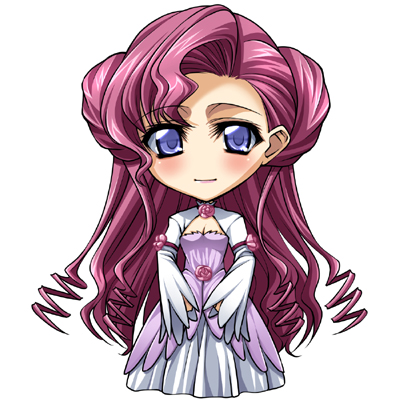 yoshida inuhito, euphemia li britannia, code geass, lowres, 00s, 1girl, blue eyes, breasts, choker, cleavage, donut hair bun, dress, drill hair, female focus, hair bun, juliet sleeves, long hair, long sleeves, looking at viewer, pink dress, pink hair, puffy long sleeves, puffy sleeves, simple background, solo, standing, tattoo, very long hair, white background