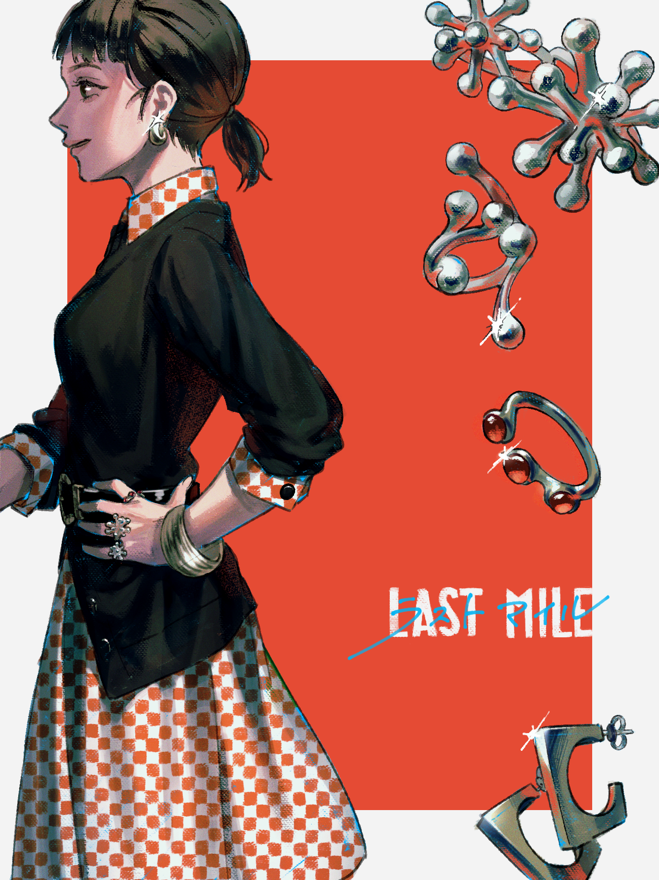 metre, commentary request, highres, partial commentary, 1girl, bangle, belt, black belt, black hair, black shirt, border, bracelet, breasts, checkered clothes, checkered dress, collared dress, copyright name, cowboy shot, dress, earrings, from side, funado erena, glint, hand on own hip, jewelry, last mile, looking ahead, medium breasts, medium hair, multiple rings, orange dress, outside border, parted lips, ponytail, profile, red background, ring, shirt, short ponytail, simple background, smile, solo, standing, three-quarter sleeves, two-tone dress, white border, white dress