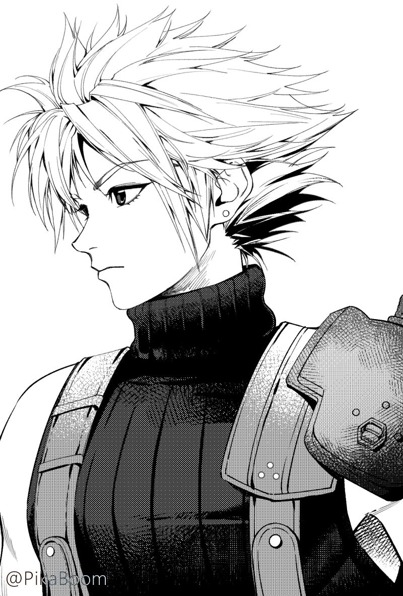 careful x, cloud strife, final fantasy, final fantasy vii, commentary, 1boy, armor, earrings, greyscale, hatching (texture), jewelry, male focus, monochrome, pauldrons, pixiv username, screentones, short hair, shoulder armor, single pauldron, sleeveless, sleeveless sweater, sleeveless turtleneck, solo, spiked hair, stud earrings, suspenders, sweater, toned, toned male, turtleneck, upper body