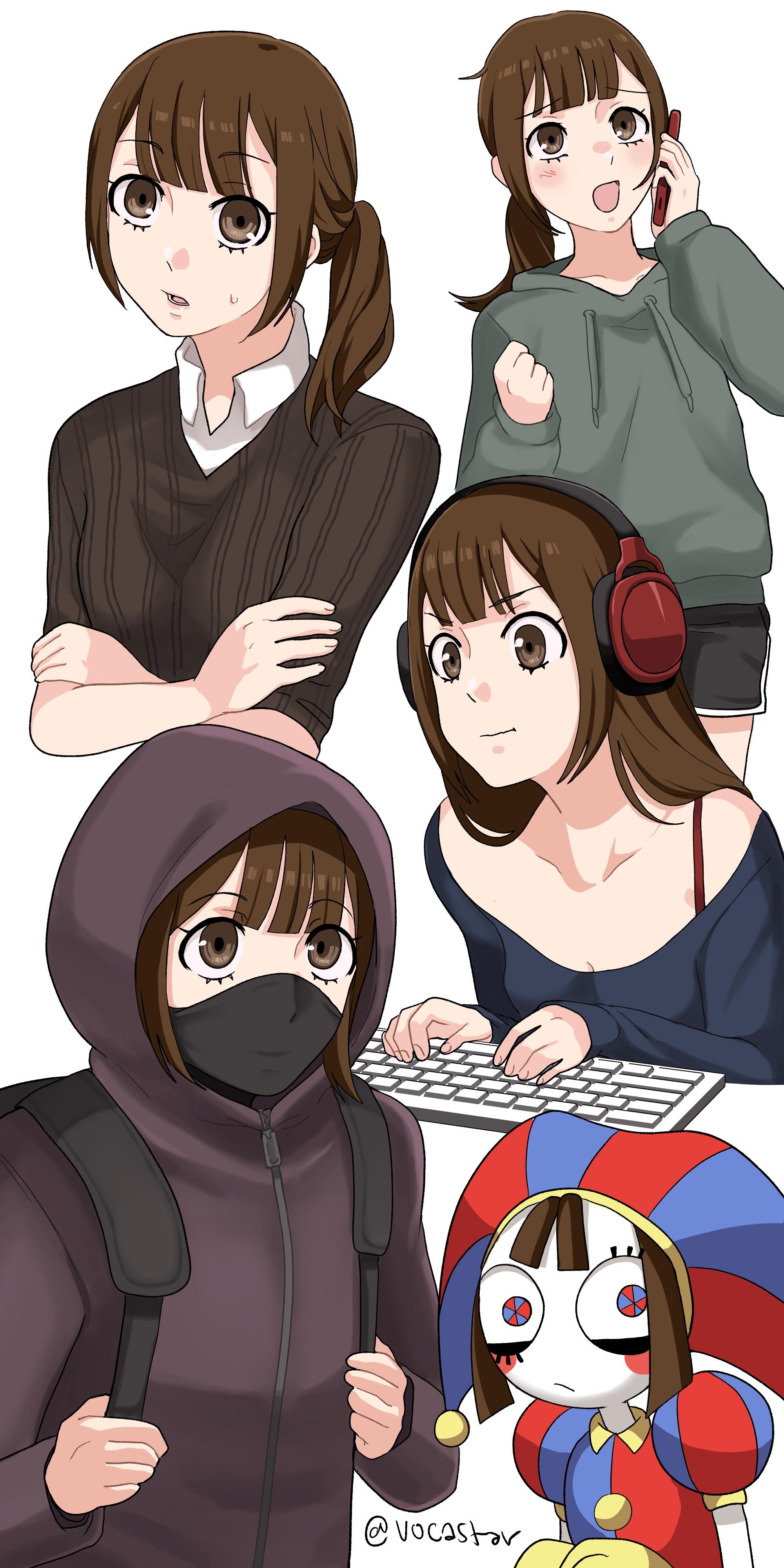 pomni (the amazing digital circus), the amazing digital circus, absurdres, highres, bare shoulders, blue eyes, brown eyes, brown hair, cellphone, closed mouth, crispinfairlie, crossed arms, hat, headphones, holding, holding phone, hood, hoodie, humanization, jester cap, jester costume, mask, mouth mask, multicolored eyes, multicolored hat, phone, ponytail, purple hoodie, red eyes, simple background, smartphone, striped clothes, striped headwear, two-tone eyes, vertical-striped bodysuit, vertical-striped clothes, vertical-striped headwear, white background