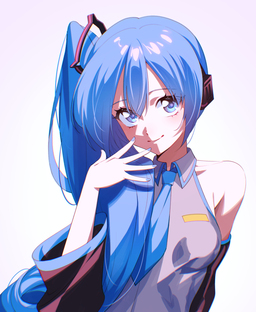 careful x, hatsune miku, vocaloid, chinese commentary, mixed-language commentary, 1girl, bare shoulders, black sleeves, blue eyes, blue hair, blue nails, blue necktie, detached sleeves, grey shirt, headphones, looking at viewer, looking to the side, looking up, meme, necktie, shirt, side ponytail, sidetail miku noodle stopper (meme), sleeveless, sleeveless shirt, smile, solo, white background