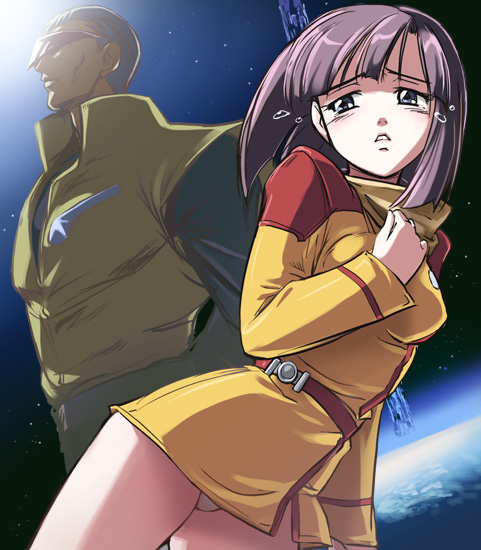 haruyama kazunori, heinrich van freeman, miletta lelouch, tekkaman blade, 1990s (style), 1boy, 1girl, backlighting, bald, belt, bloom, blunt bangs, buckle, contrapposto, green eyes, hand on own chest, looking at viewer, panties, pantyshot, purple hair, retro artstyle, short hair, solo focus, standing, underwear, white panties