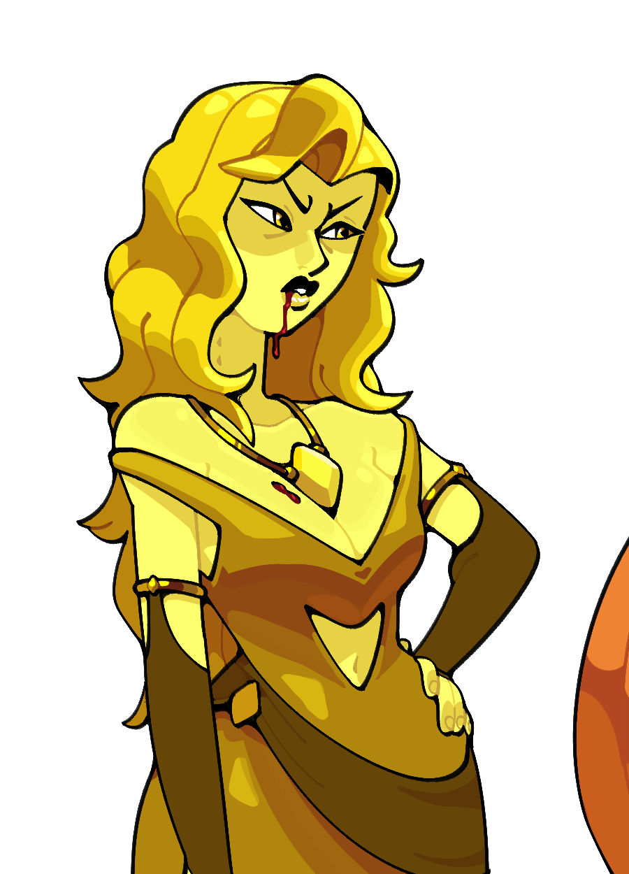 discount-supervillain, yellow diamond (steven universe), steven universe, highres, 1girl, alternate costume, alternate hair length, alternate hairstyle, blonde hair, blood, blood on face, breasts, cleavage, colored skin, diamond (species) (steven universe), jewelry, long hair, long neck, necklace, simple background, vampire, yellow skin