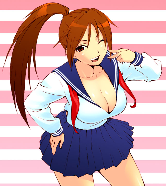 jinroku, kitaooji satsuki, ichigo 100%, 00s, 1girl, breasts, brown hair, cleavage, female focus, happy, high ponytail, large breasts, long hair, one eye closed, open mouth, ponytail, red eyes, school uniform, serafuku, skirt, smile, solo, v, wink