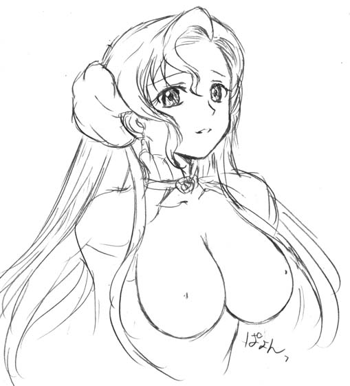 zundarepon, euphemia li britannia, code geass, 00s, 1girl, breasts, covered erect nipples, donut hair bun, double bun, female focus, greyscale, hair bun, large breasts, long hair, monochrome, nipples, sketch, smile, solo