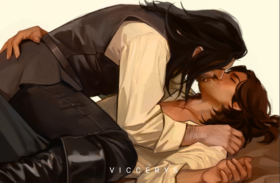viccerys, original, commentary, english commentary, 2boys, arm hair, bare pectorals, beard, black boots, black hair, black pants, black vest, boots, brown hair, closed eyes, closed mouth, collared shirt, facial hair, hand on another's back, hand on another's shoulder, kiss, long sleeves, lying, male focus, multiple boys, on back, open collar, pants, pectorals, shirt, sleeve cuffs, straddling, twitter username, veins, veiny hands, vest, yaoi