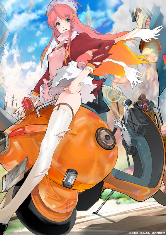 maeda hirotaka, nono (top wo nerae 2!), top wo nerae! (series), top wo nerae 2!, vehicle, 00s, 1girl, clothes lift, female focus, gainaxtop, motor vehicle, scarf, scooter, skirt, skirt lift, solo, thighhighs, torn clothes, upskirt, wind, wind lift