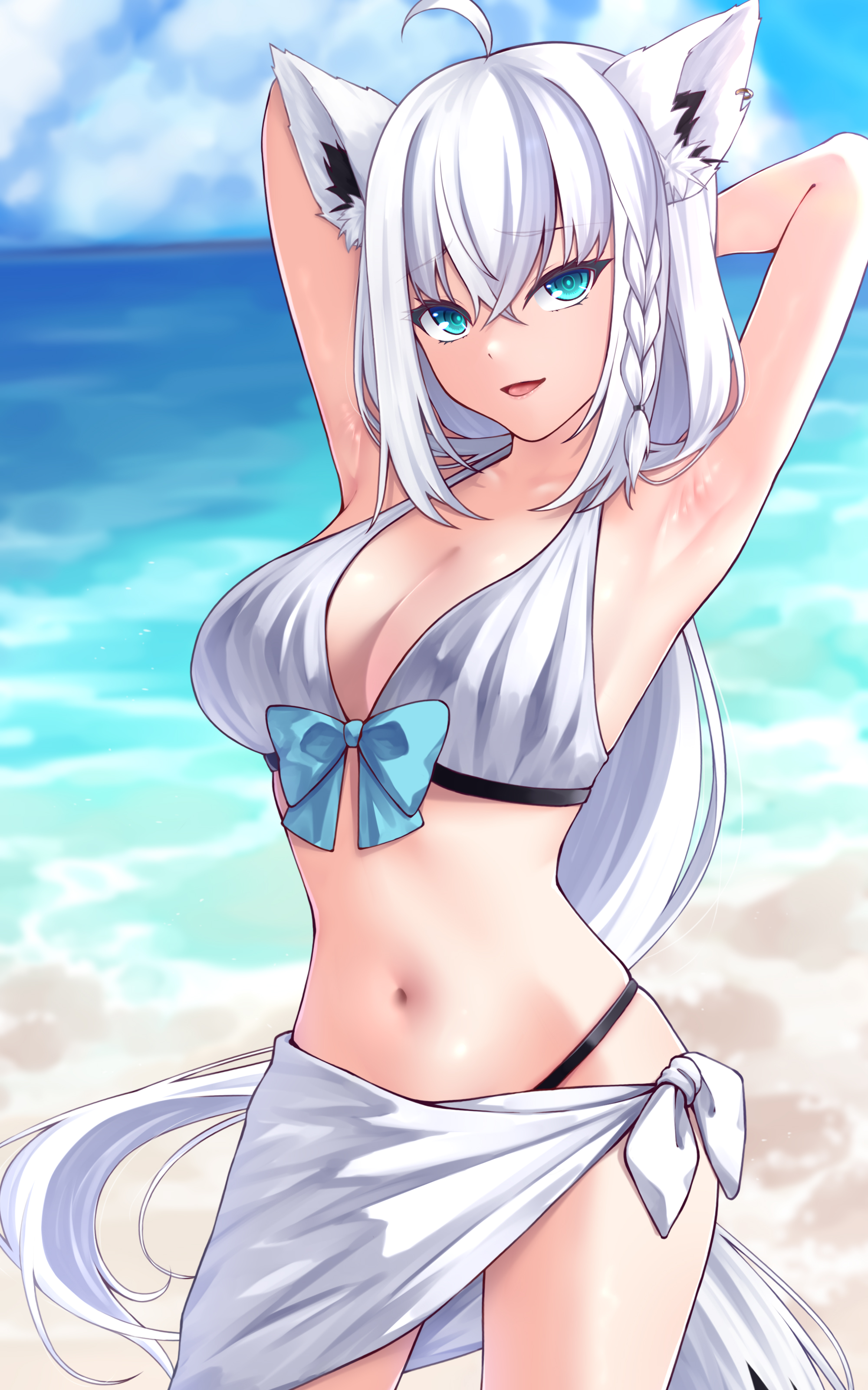 zellam, shirakami fubuki, hololive, absurdres, commentary request, highres, partial commentary, 1girl, ahoge, alternate costume, animal ear fluff, animal ear piercing, animal ears, aqua eyes, armpits, arms behind head, arms up, beach, bikini, blue sky, braid, breasts, cleavage, cloud, cowboy shot, day, double-parted bangs, fox ears, fox girl, fox tail, front-tie bikini top, front-tie top, hair between eyes, highleg, highleg bikini, large breasts, long hair, looking at viewer, low ponytail, ocean, open mouth, outdoors, ponytail, presenting armpit, sarong, side braid, single braid, sky, solo, stomach, swimsuit, tail, virtual youtuber, white hair, white sarong