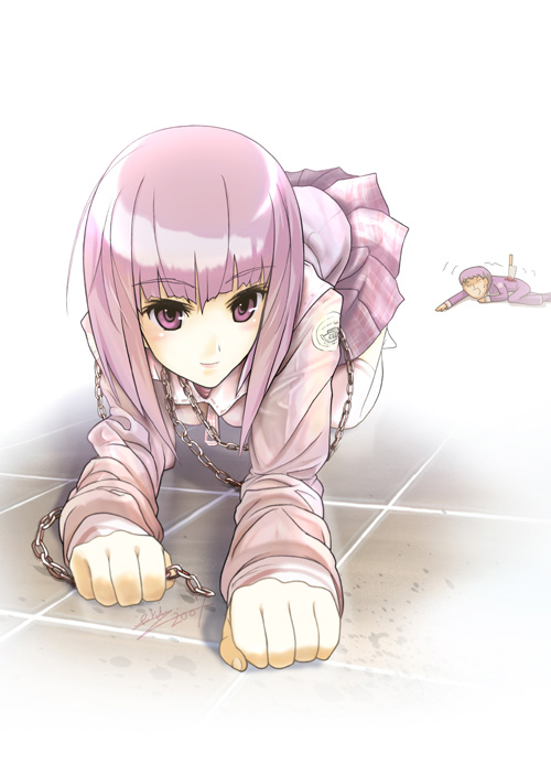 eri (artist), soror, elysion, sound horizon, eyebrows, 00s, 1girl, 2007, all fours, chain, impaled, knife, long sleeves, looking at viewer, on floor, pleated skirt, purple eyes, purple hair, school uniform, short hair, signature, skirt, smile, solo focus, thighhighs, tile floor, tiles, trembling, white thighhighs