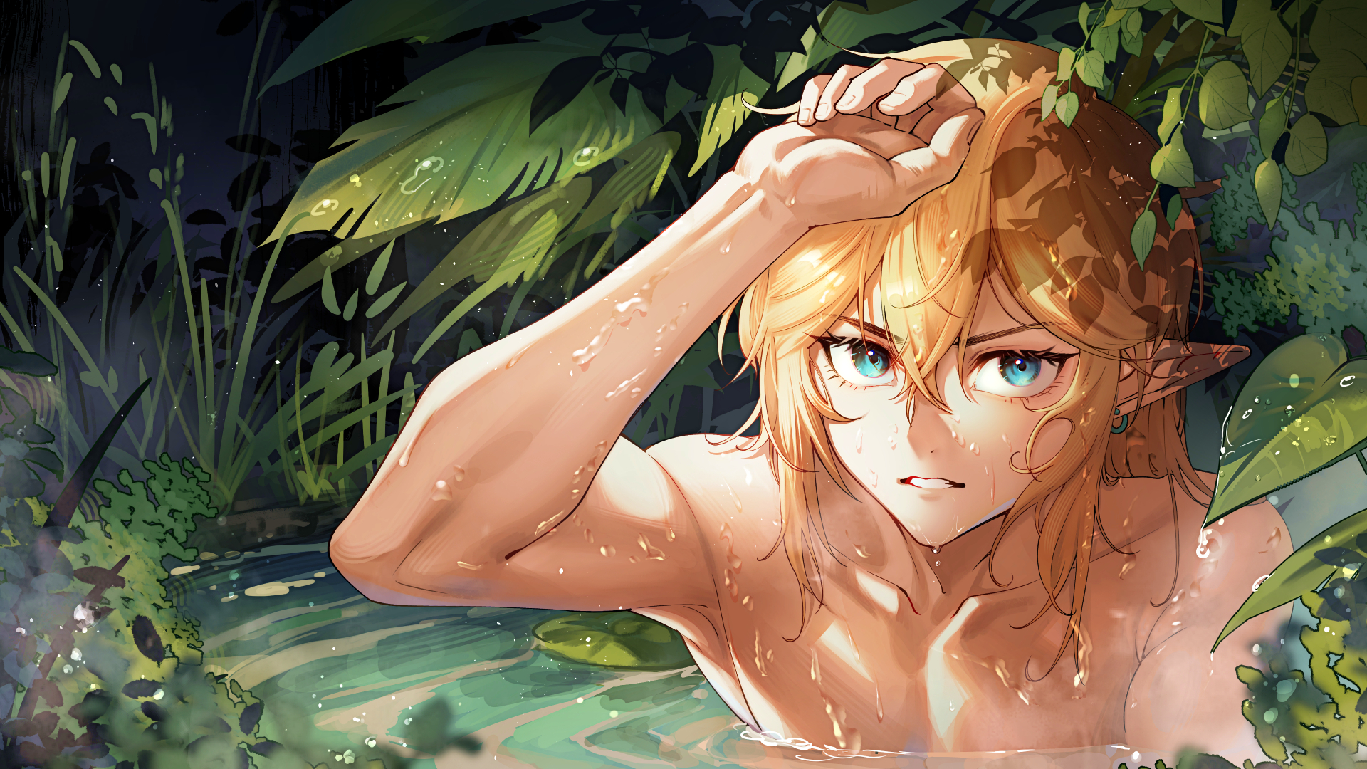 careful x, link, nintendo, the legend of zelda, chinese commentary, commentary request, highres, 1boy, androgynous, aqua eyes, bishounen, blonde hair, clenched teeth, collarbone, earrings, grass, hoop earrings, jewelry, leaf, lily pad, long hair, looking to the side, looking up, male focus, pointy ears, solo, teeth, toned, toned male, topless male, wading, water, wet, wet hair