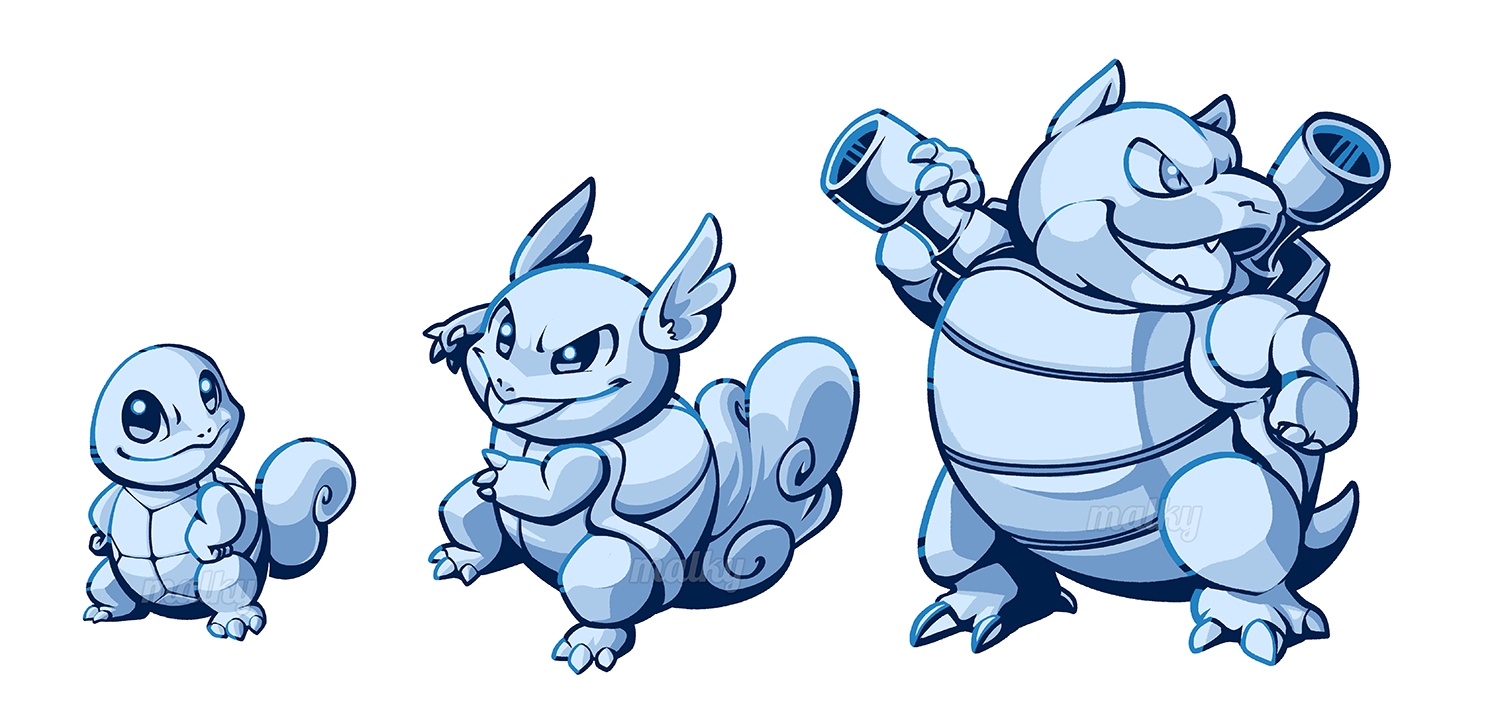 malky (malkshake), blastoise, squirtle, wartortle, nintendo, pokemon, commentary, english commentary, blue theme, claws, evolutionary line, full body, gen 1 pokemon, no humans, nostrils, open mouth, pokemon (creature), pokemon focus, simple background, tongue, tongue out, white background