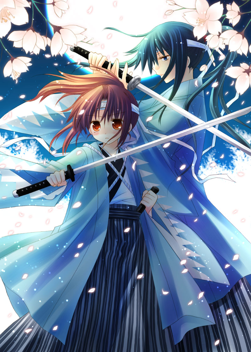 sakurazawa izumi, original, brown hair, cherry blossoms, full moon, green eyes, green hair, hakama, hakama skirt, haori, headband, japanese clothes, katana, long hair, moon, petals, samurai, sheath, shinsengumi, skirt, sword, weapon