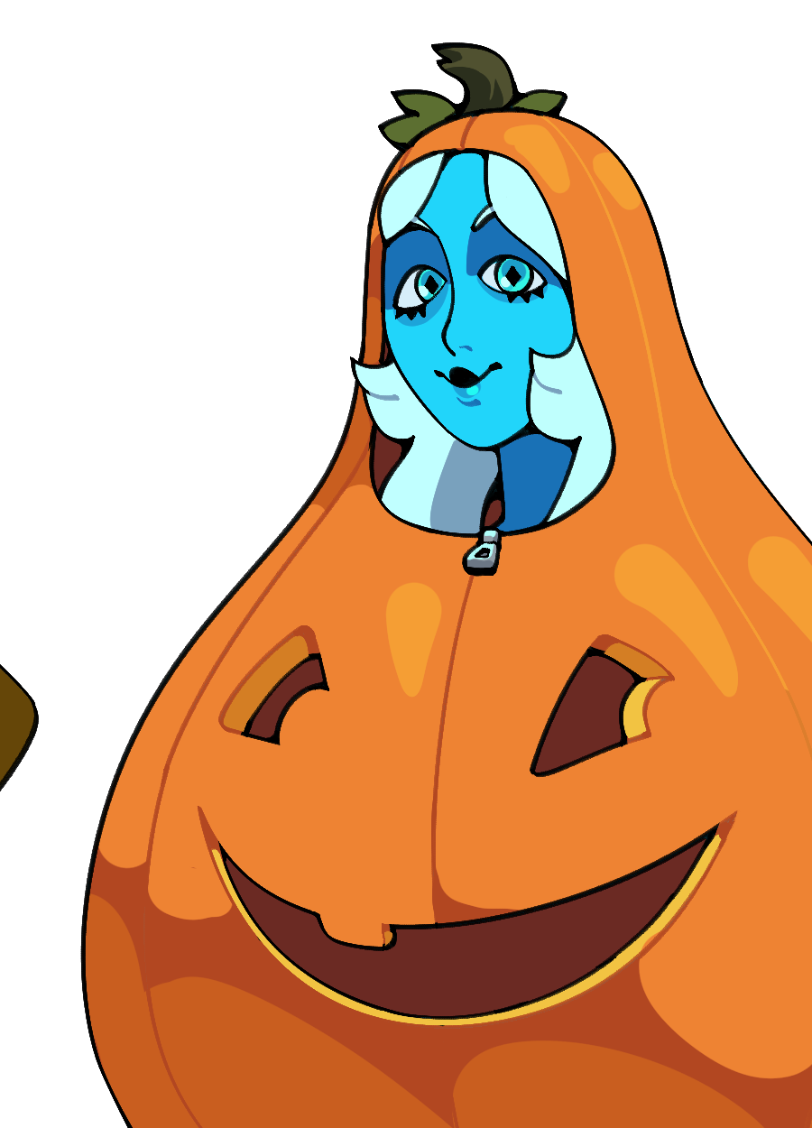 discount-supervillain, blue diamond (steven universe), steven universe, highres, 1girl, alien, alternate costume, blue eyes, blue skin, colored skin, diamond (species) (steven universe), gem (steven universe), halloween costume, long hair, looking at viewer, pumpkin costume, simple background, solo, white hair