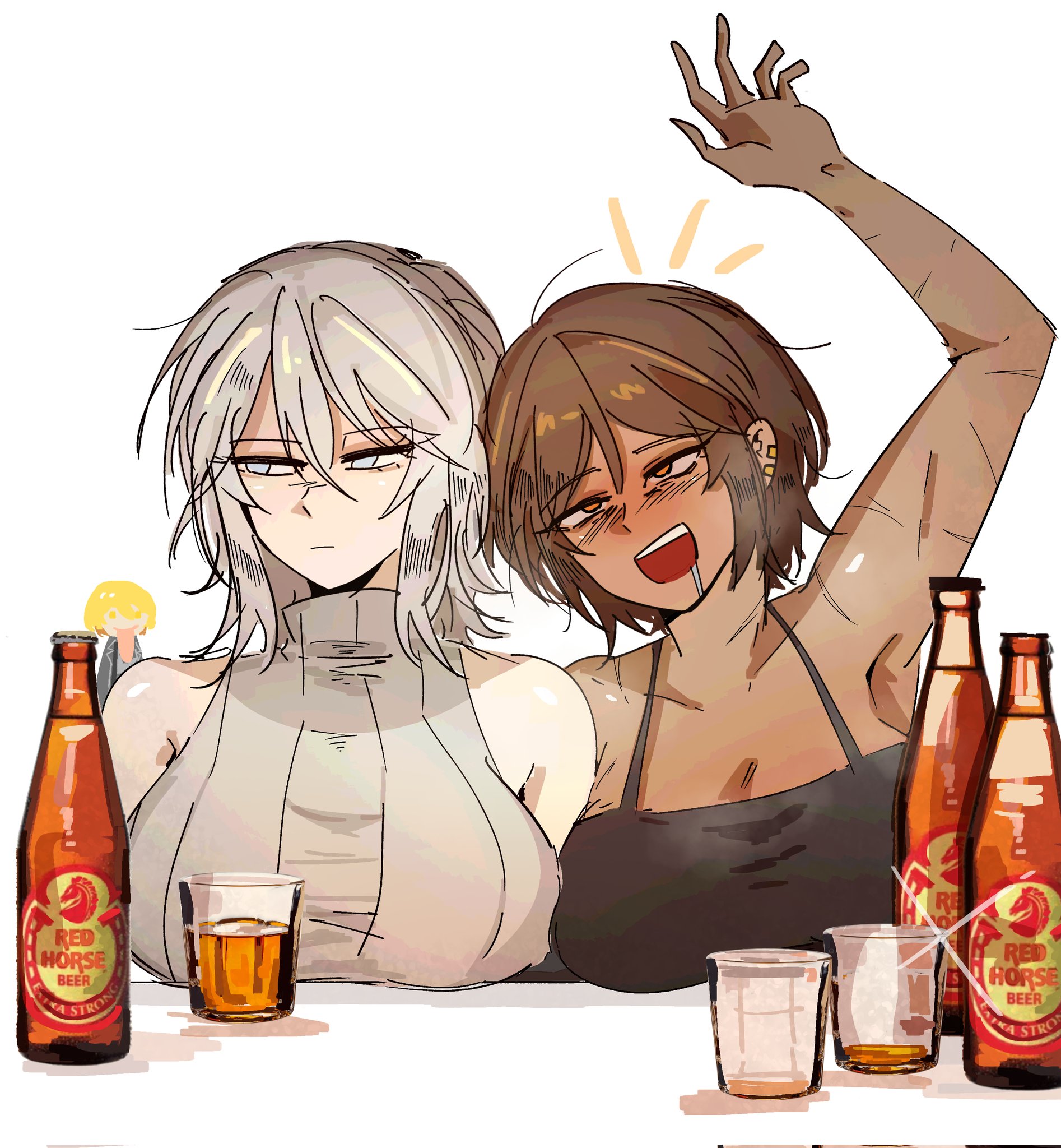 arczaeon, faust (project moon), limbus company, project moon, highres, alcohol, black dress, breasts, brown eyes, brown hair, cleavage, closed mouth, collarbone, cup, dark-skinned female, dark skin, dress, drooling, drunk, grey hair, hair between eyes, large breasts, long hair, medium hair, multiple scars, open mouth, outie navel, scar, scar on arm, simple background, sweater, teeth, turtleneck, turtleneck sweater, upper teeth only, white background, white eyes, white sweater