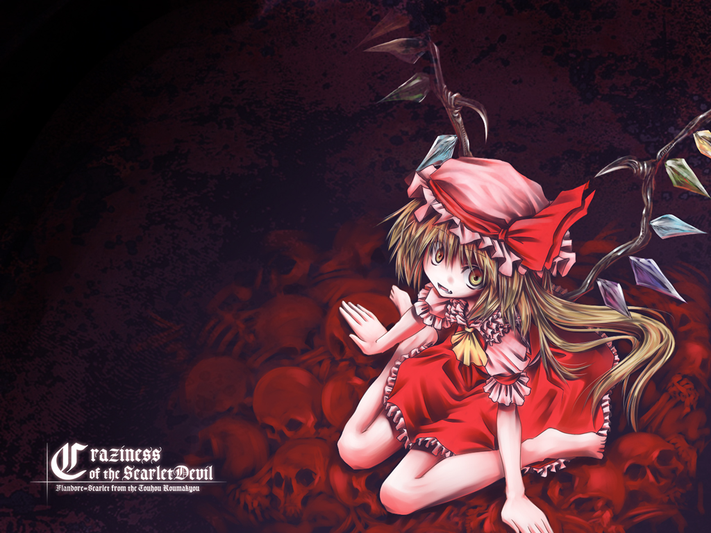 aozora market, flandre scarlet, embodiment of scarlet devil, touhou, 1girl, ascot, barefoot, blonde hair, bone, fang, female focus, hat, hat ribbon, mob cap, ribbon, short hair, side ponytail, sitting, skeleton, skull, solo, wariza, wings, yellow eyes