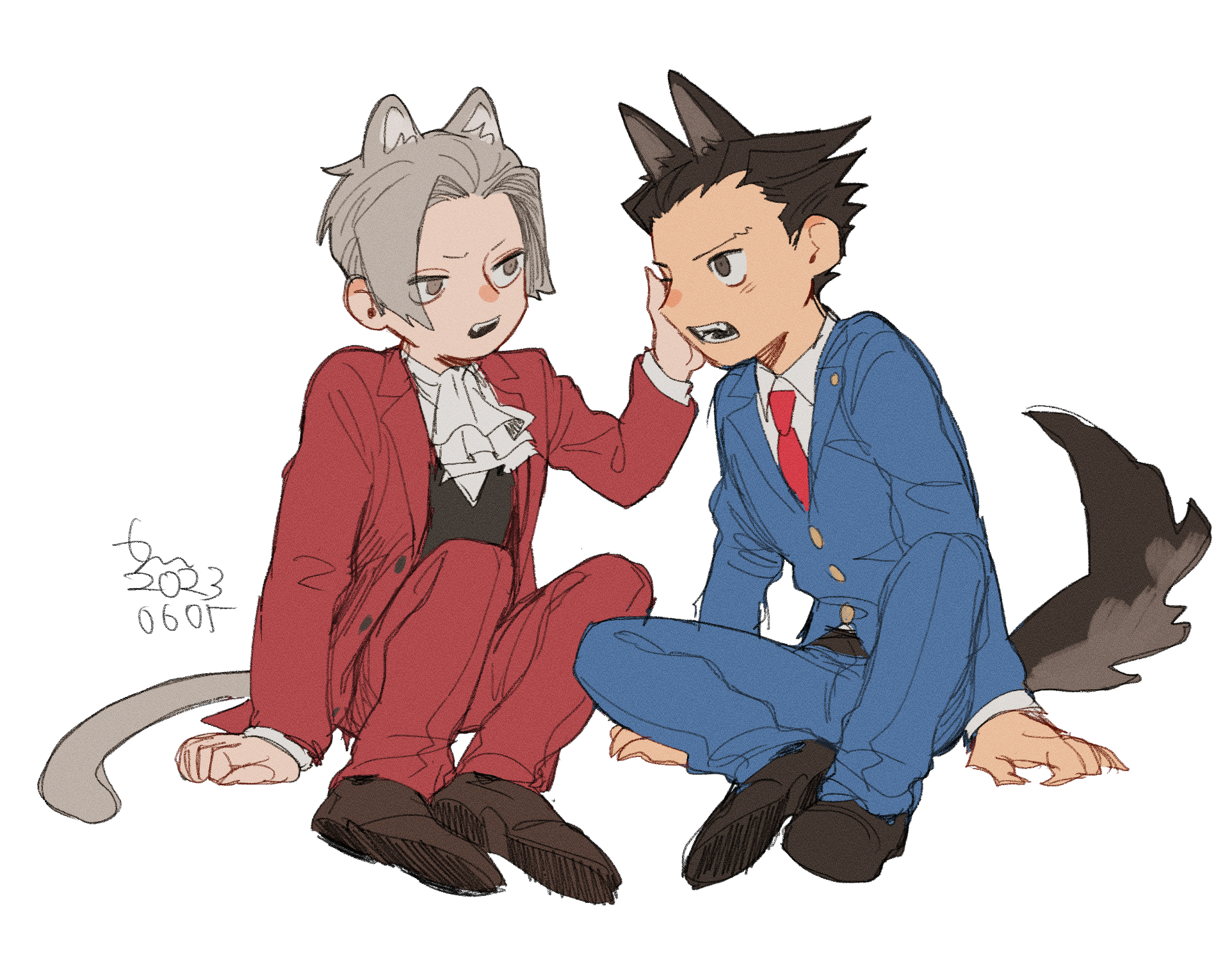 erm nkcn, miles edgeworth, phoenix wright, ace attorney, highres, 2boys, animal ears, ascot, blue jacket, blue pants, cat ears, cat tail, dog ears, dog tail, fangs, grey hair, jacket, kemonomimi mode, male focus, multiple boys, necktie, open mouth, pants, red jacket, red necktie, red pants, short hair, signature, simple background, sitting, tail, white ascot, white background