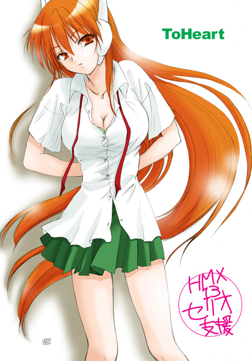 sagami ichisuke, serio (to heart), to heart, to heart (series), 1girl, arms behind back, blush, breasts, cleavage, collarbone, collared shirt, female focus, green skirt, head tilt, headgear, large breasts, long hair, looking at viewer, orange hair, pleated skirt, red eyes, shirt, short sleeves, simple background, skirt, solo, standing, very long hair, white background, white shirt
