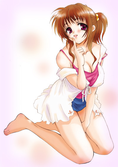 sagami ichisuke, 1girl, bare shoulders, barefoot, between legs, blush, breasts, brown hair, camisole, cleavage, collarbone, female focus, finger to mouth, full body, hand between legs, kneeling, lips, looking at viewer, off shoulder, parted lips, pink background, pink eyes, short hair, shushing, simple background, solo, spaghetti strap