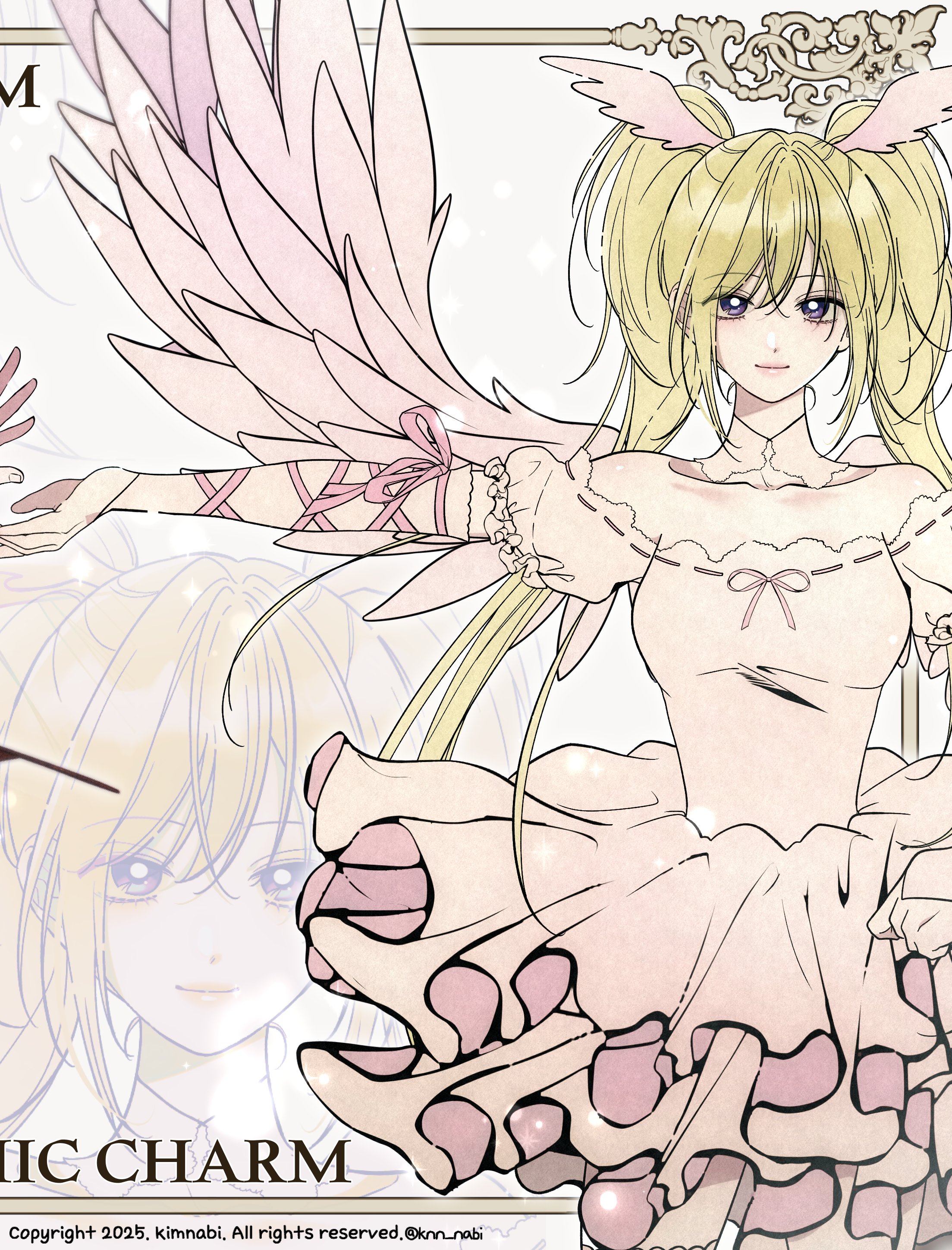 hoshina utau, seraphic charm, shugo chara!, absurdres, commentary request, highres, korean commentary, 1girl, blonde hair, cowboy shot, detached collar, dress, frilled dress, frills, knn nabi, light smile, looking at viewer, magical girl, multiple views, outstretched arm, pink dress, purple eyes, sidelocks, twintails, twitter username, wings