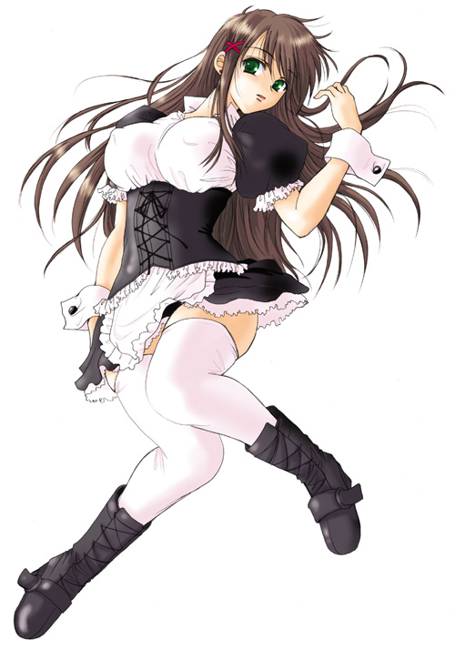 sagami ichisuke, 1girl, breasts, covered erect nipples, female focus, hair spread out, large breasts, maid, solo, thighhighs, zettai ryouiki