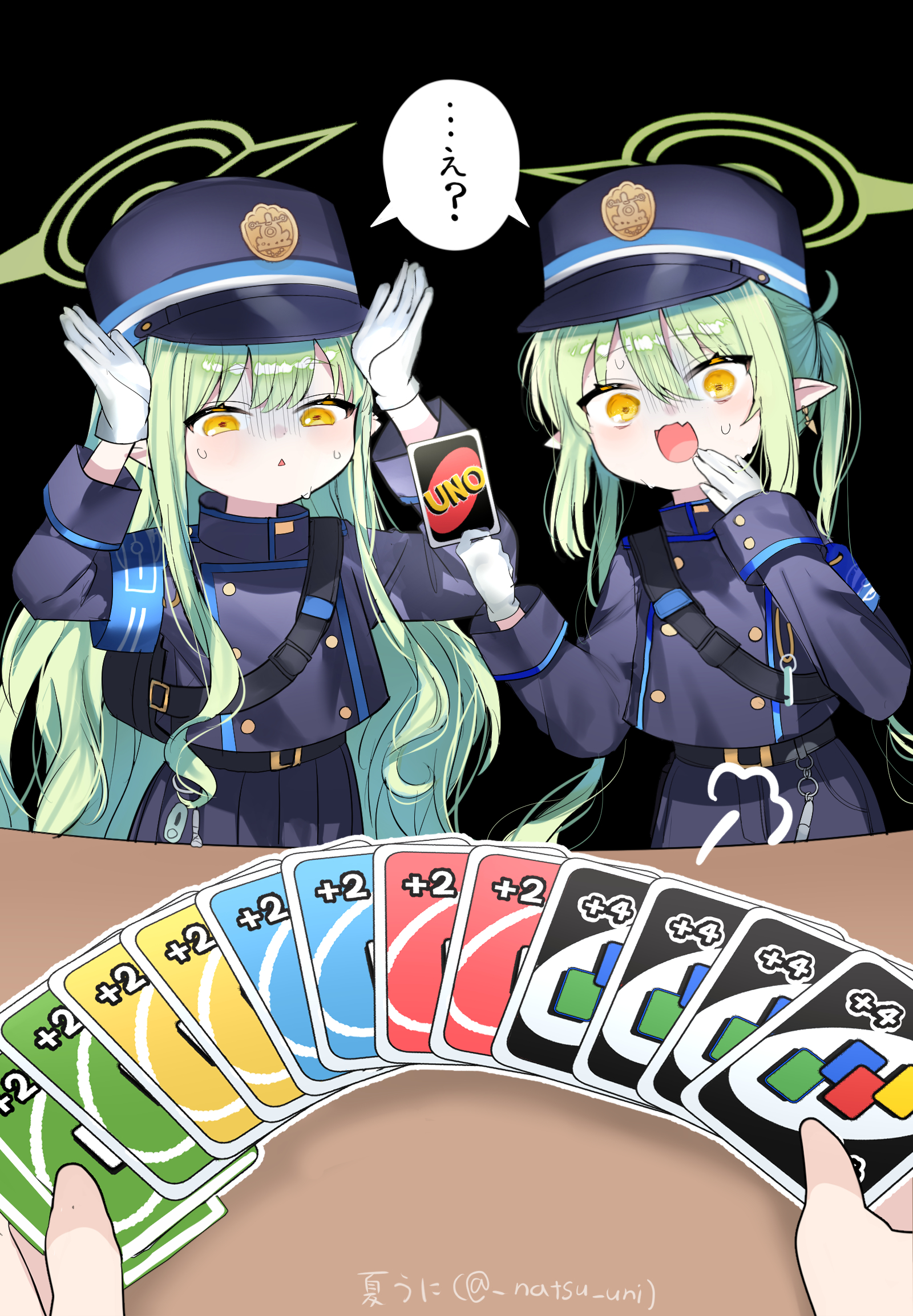 amanatsu uni, hikari (blue archive), nozomi (blue archive), sensei (blue archive), blue archive, uno (game), commentary request, highres, translated, 1boy, 2girls, armband, artist name, black background, black hat, blue armband, buttons, double-breasted, earrings, fang, gloves, green hair, green halo, halo, hat, imminent uno loss (meme), jewelry, long hair, long sleeves, looking at viewer, meme, multiple girls, nervous sweating, peaked cap, pointy ears, pov, pov across table, pov hands, rabbit pose, siblings, simple background, sisters, skin fang, speech bubble, surprised, sweat, train conductor, triangle mouth, turn pale, twins, twintails, twitter username, white gloves, yellow eyes