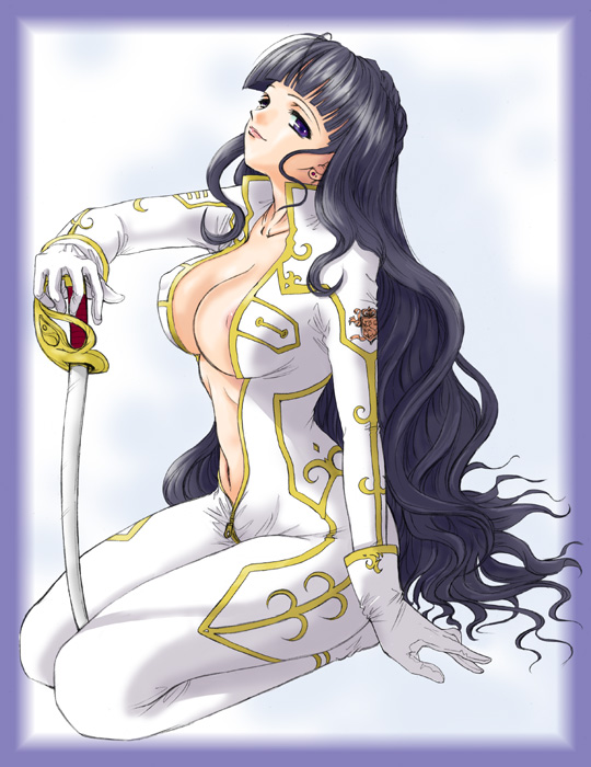 sagami ichisuke, marianne, marianne vi britannia, code geass, 00s, 1girl, black hair, breasts, center opening, cleavage, female focus, hair spread out, large breasts, long hair, mature female, nipple slip, nipples, open clothes, purple eyes, solo, sword, unzipped, very long hair, weapon