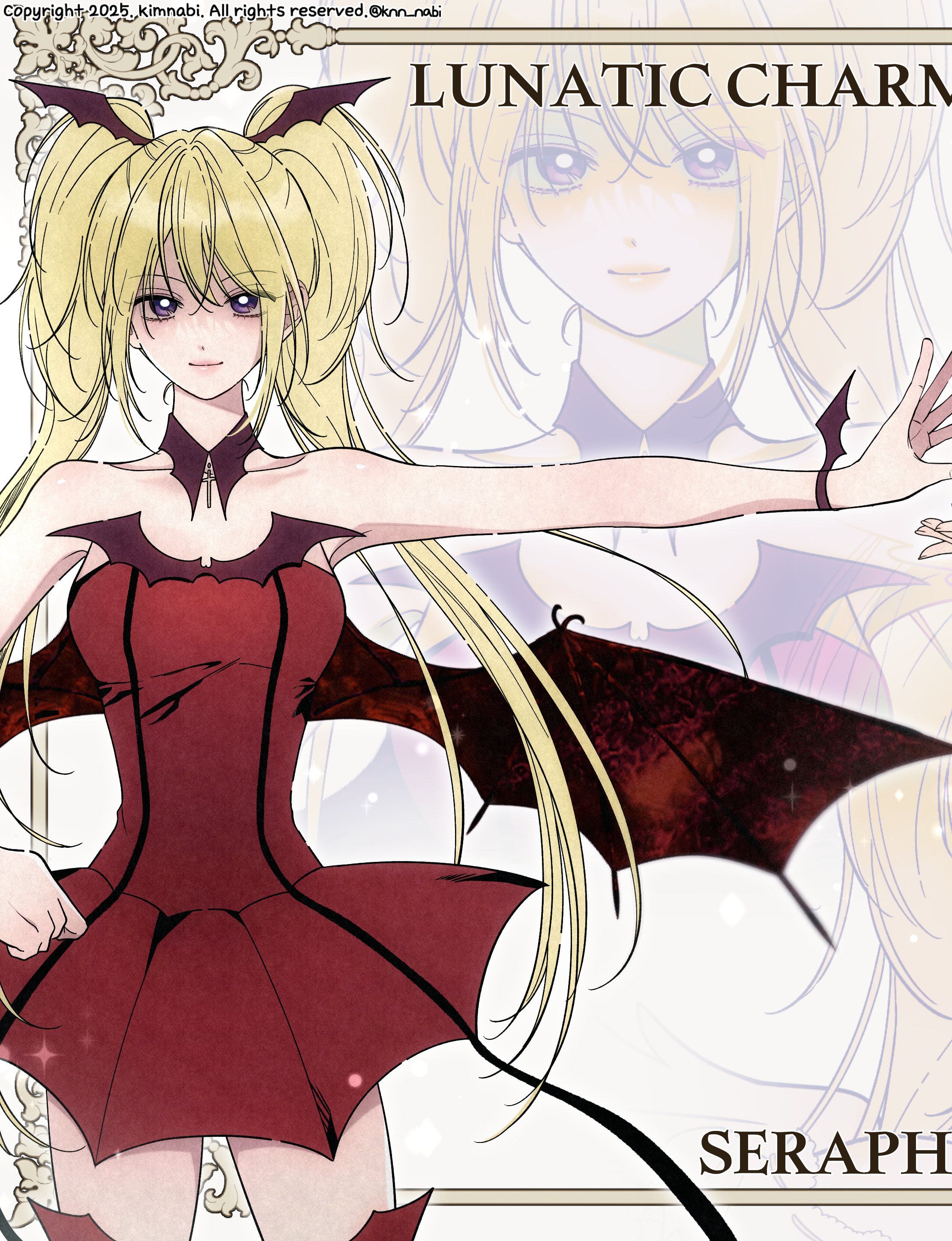 hoshina utau, lunatic charm, shugo chara!, absurdres, commentary request, highres, korean commentary, 1girl, bare shoulders, blonde hair, boots, bracelet, detached collar, dress, hair between eyes, hand on own hip, jewelry, knn nabi, light smile, magical girl, multiple views, outstretched arm, red dress, sidelocks, thigh boots, twintails, twitter username, wings