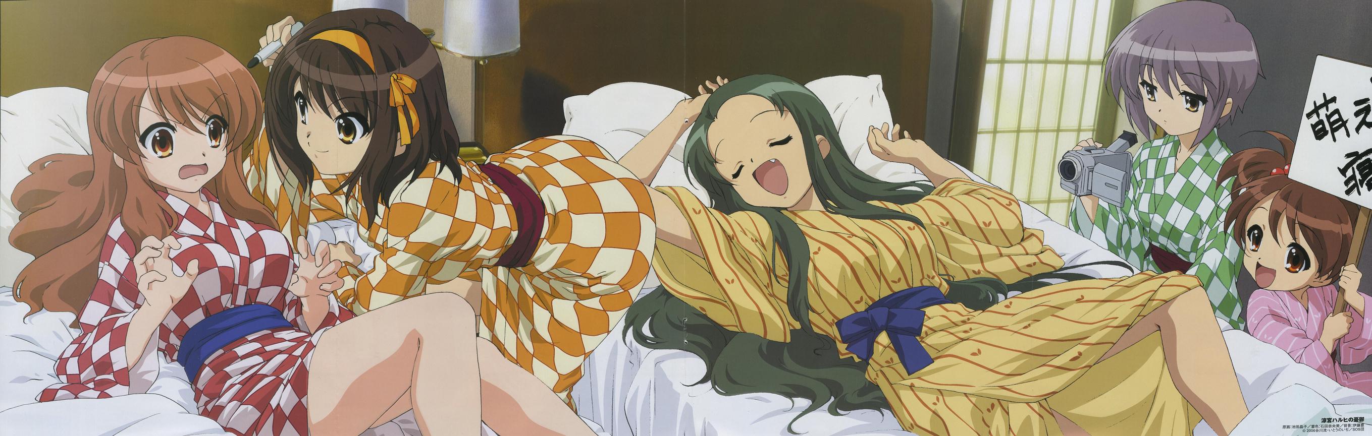 ikeda shouko, asahina mikuru, kyon no imouto, nagato yuki, suzumiya haruhi, tsuruya, comp h's, suzumiya haruhi no yuuutsu, duplicate, highres, long image, official art, scan, wide image, 00s, 5girls, camcorder, camera, checkered clothes, checkered kimono, japanese clothes, kimono, long hair, multiple girls, pink kimono, striped clothes, striped kimono, vertical-striped clothes, vertical-striped kimono, very long hair, video camera, yellow kimono, yukata