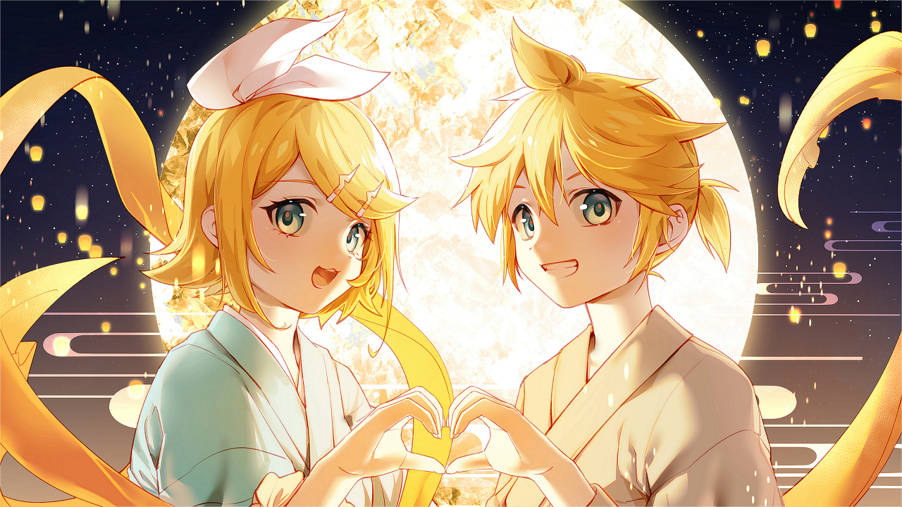 careful x, kagamine len, kagamine rin, vocaloid, chinese commentary, commentary request, 1boy, 1girl, :d, aqua eyes, aqua kimono, black sky, blue sky, bow, full moon, grin, hair bow, hair ornament, hairclip, heart, heart hands, heart hands duo, japanese clothes, kimono, looking at viewer, looking to the side, moon, night, open mouth, parallel hairclips, ponytail, ribbon, short hair, short ponytail, sky, smile, spiked hair, upper body, white bow, yellow kimono, yellow ribbon