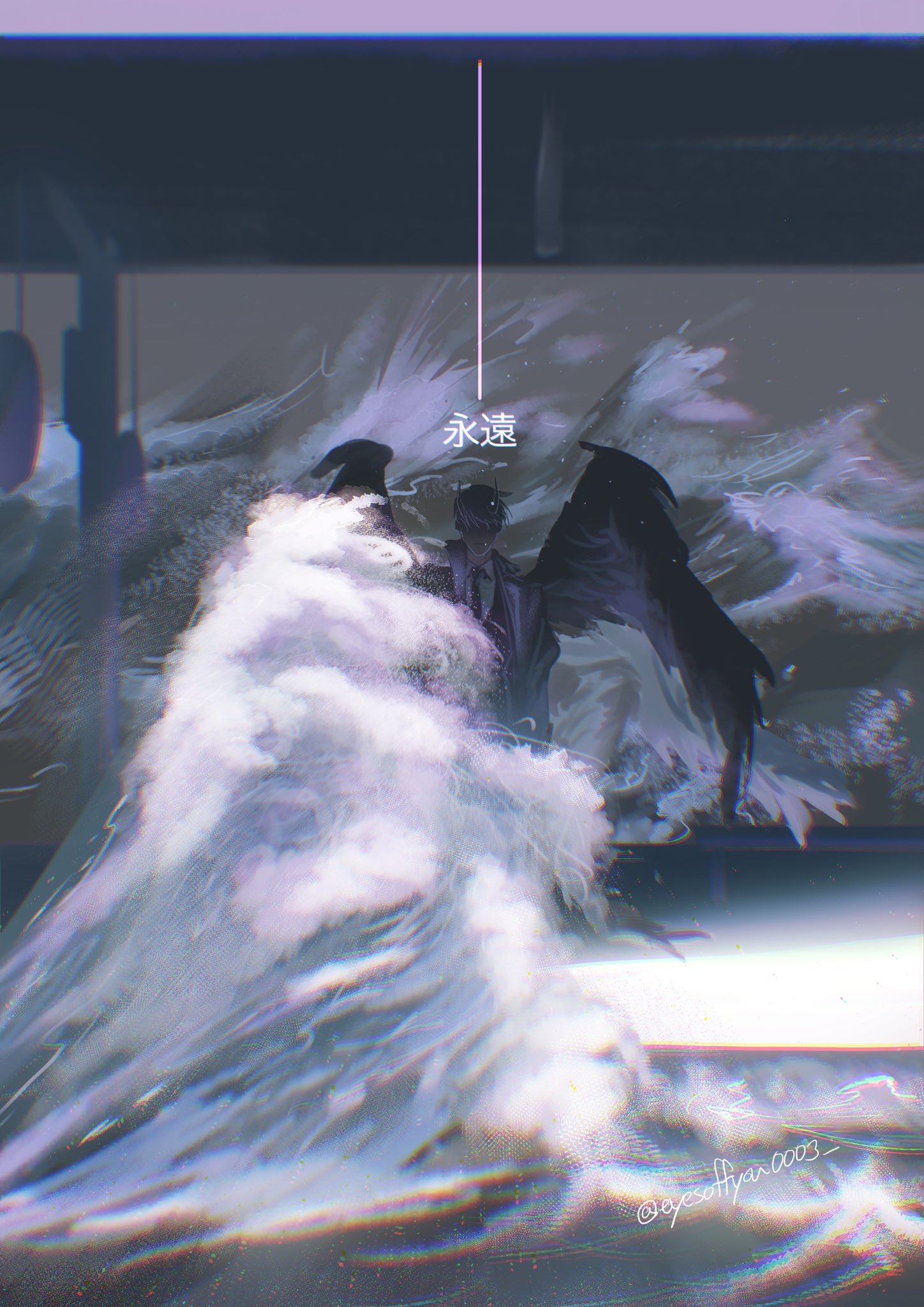 kim dokja, omniscient reader's viewpoint, commentary, highres, 1boy, black coat, black necktie, black wings, chinese text, chromatic aberration, coat, collared shirt, demon horns, eyesoffyou0003, faceless, facing viewer, full body, horns, limited palette, male focus, necktie, official alternate costume, open clothes, open coat, popped collar, sea spray, shirt, solo, standing, waves, white shirt, wings