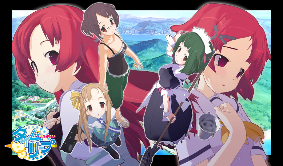 ma@ya, hayama yuu, kawasumi haruka, nagase ayumu, shinonome komomo, time leap, black legwear, 3d, 5girls, :o, ahoge, apron, black dress, blonde hair, blue hair, blush, border, breasts, briefcase, broom, camisole, cityscape, cleavage, dress, full body, hair ornament, hairclip, holding, looking at viewer, looking up, maid, maid apron, medium breasts, multiple girls, parted lips, puffy short sleeves, puffy sleeves, red eyes, red hair, sandals, scenery, school briefcase, short hair, short sleeves, sidelocks, small breasts, smile, thighhighs, waist apron, wrist cuffs, zettai ryouiki