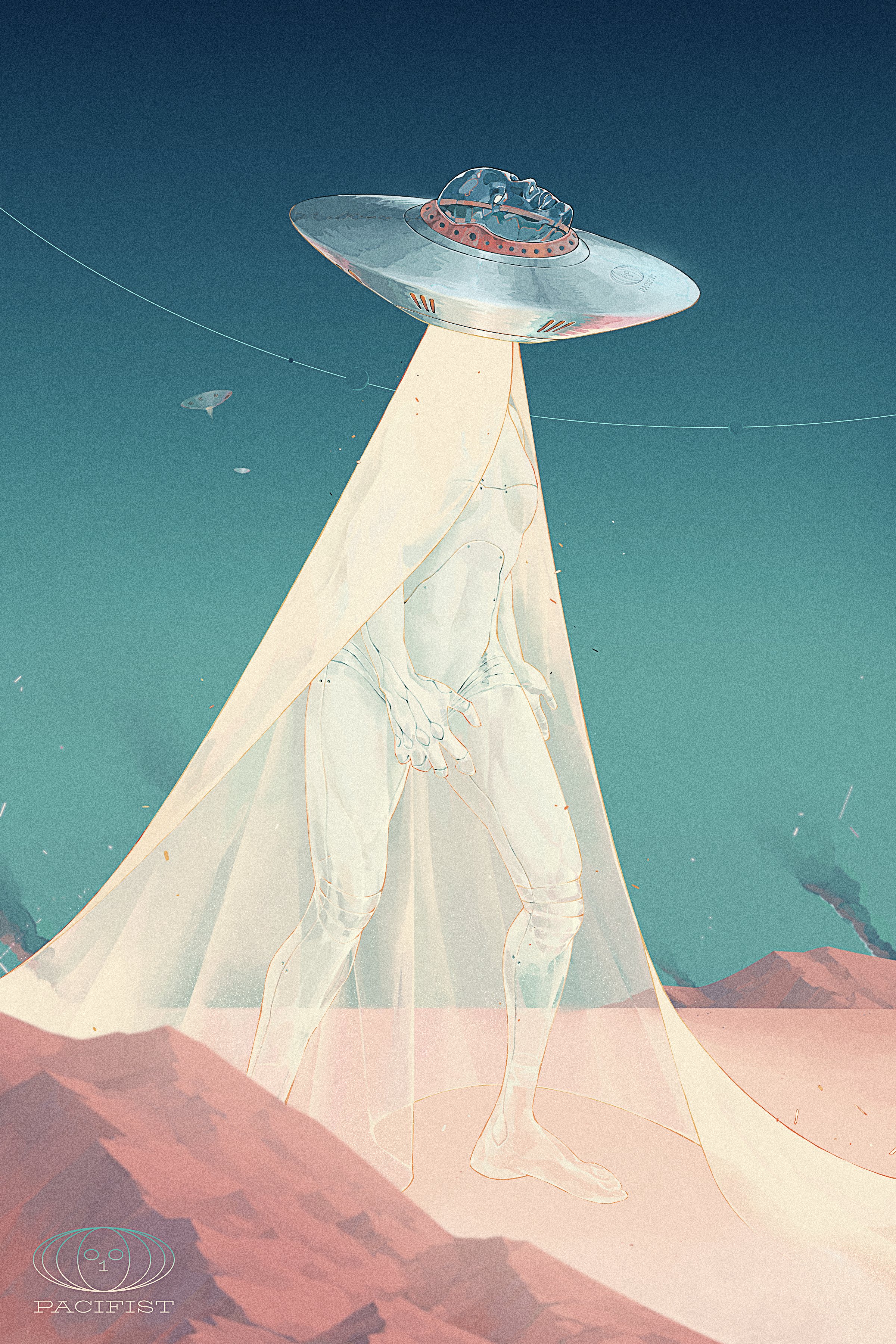 patrick ganas, original, absurdres, highres, androgynous, aqua background, breasts, colored skin, creature, flying saucer, full body, hologram, mountain, small breasts, smoke, solo, spacecraft, standing, tractor beam, veil, white skin, white veil