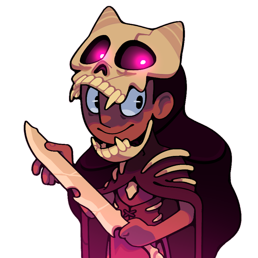 discount-supervillain, connie maheswaran, steven universe, 1girl, alternate costume, black hair, cape, closed mouth, dark-skinned female, dark skin, fangs, holding, holding weapon, indian, long hair, skull, smile, solo, teeth, very dark skin, weapon