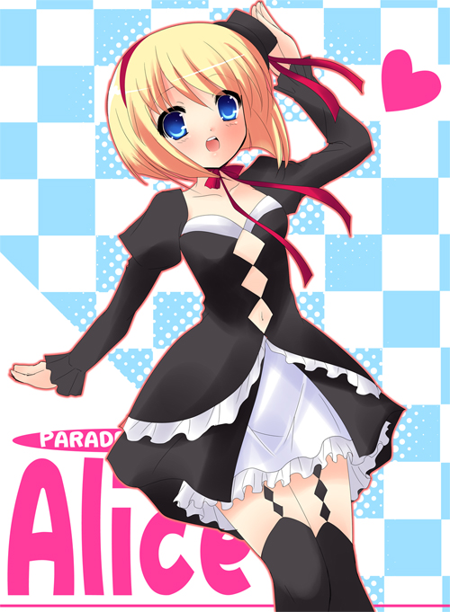 yukizuki chikuba, odoodo funny, alice parade, 1girl, black thighhighs, blonde hair, blue eyes, checkered background, copyright name, female focus, garter straps, halftone, halftone background, heart, navel, open mouth, short hair, solo, thighhighs
