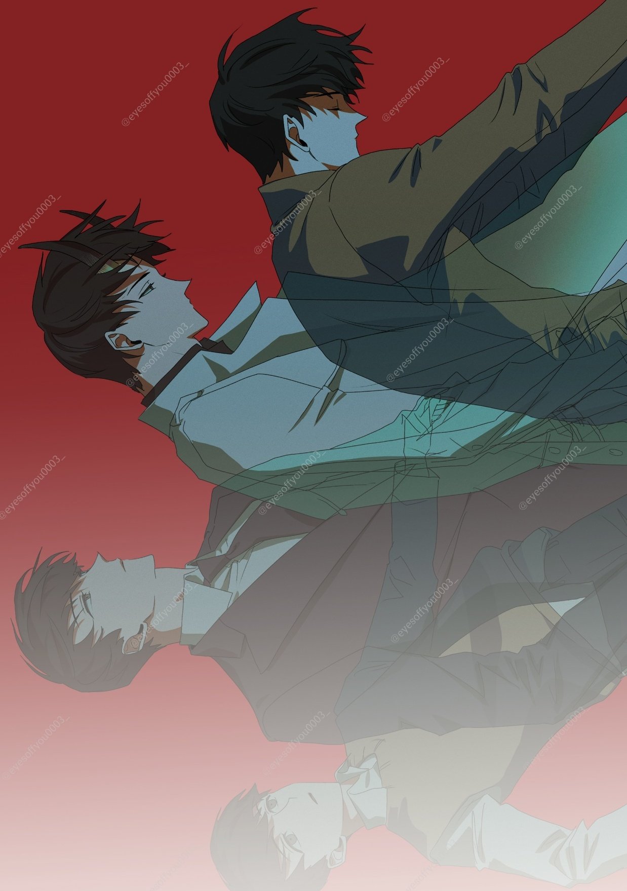 kim dokja, omniscient reader's viewpoint, highres, 4boys, black coat, black hair, black necktie, black suit, closed eyes, coat, collared shirt, demon horns, eyesoffyou0003, fading, falling, formal clothes, horns, multiple boys, multiple persona, multiple views, necktie, official alternate costume, oldest dream, parted lips, progression, shirt, short hair, suit, vest, white coat, white shirt, wide-eyed, yellow vest
