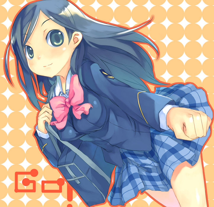 mikage sekizai, etou mei, gakuen utopia manabi straight!, 00s, 1girl, bag, blue eyes, blue hair, bow, female focus, leaning forward, long hair, massugu go, matching hair/eyes, pink bow, plaid clothes, plaid skirt, school uniform, serafuku, shoulder bag, skirt, solo