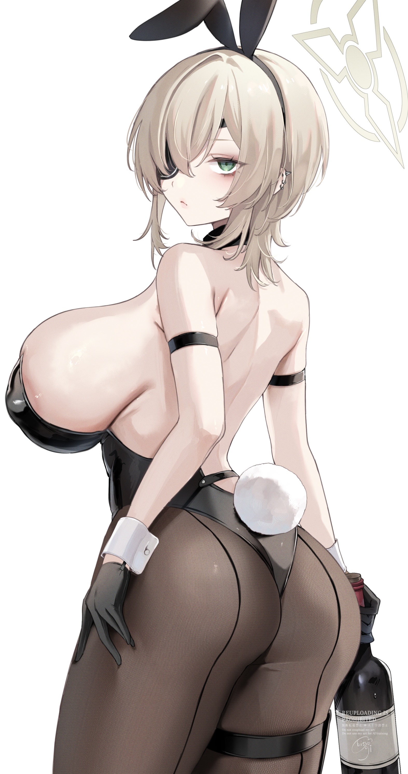 bishooji, suou (blue archive), blue archive, absurdres, highres, 1girl, animal ears, ass, back, bare back, bare shoulders, black gloves, black leotard, blue eyes, bottle, breasts, brown hair, brown pantyhose, eyepatch, fake animal ears, fake tail, from behind, gloves, green eyes, grey halo, hair over one eye, halo, holding, holding bottle, large breasts, leotard, looking at viewer, pantyhose, rabbit ears, rabbit tail, short hair, sideboob, solo, tail