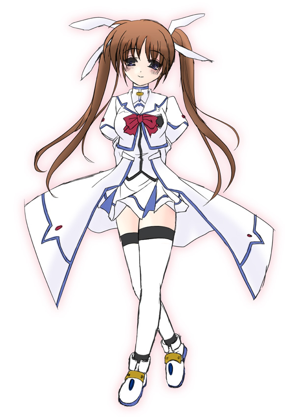 frapowa, takamachi nanoha, takamachi nanoha (aggressor mode), lyrical nanoha, mahou shoujo lyrical nanoha, mahou shoujo lyrical nanoha strikers, 00s, 1girl, blush, bow, brown hair, female focus, magical girl, red bow, red hair, smile, solo, thighhighs, twintails, waist cape, zettai ryouiki