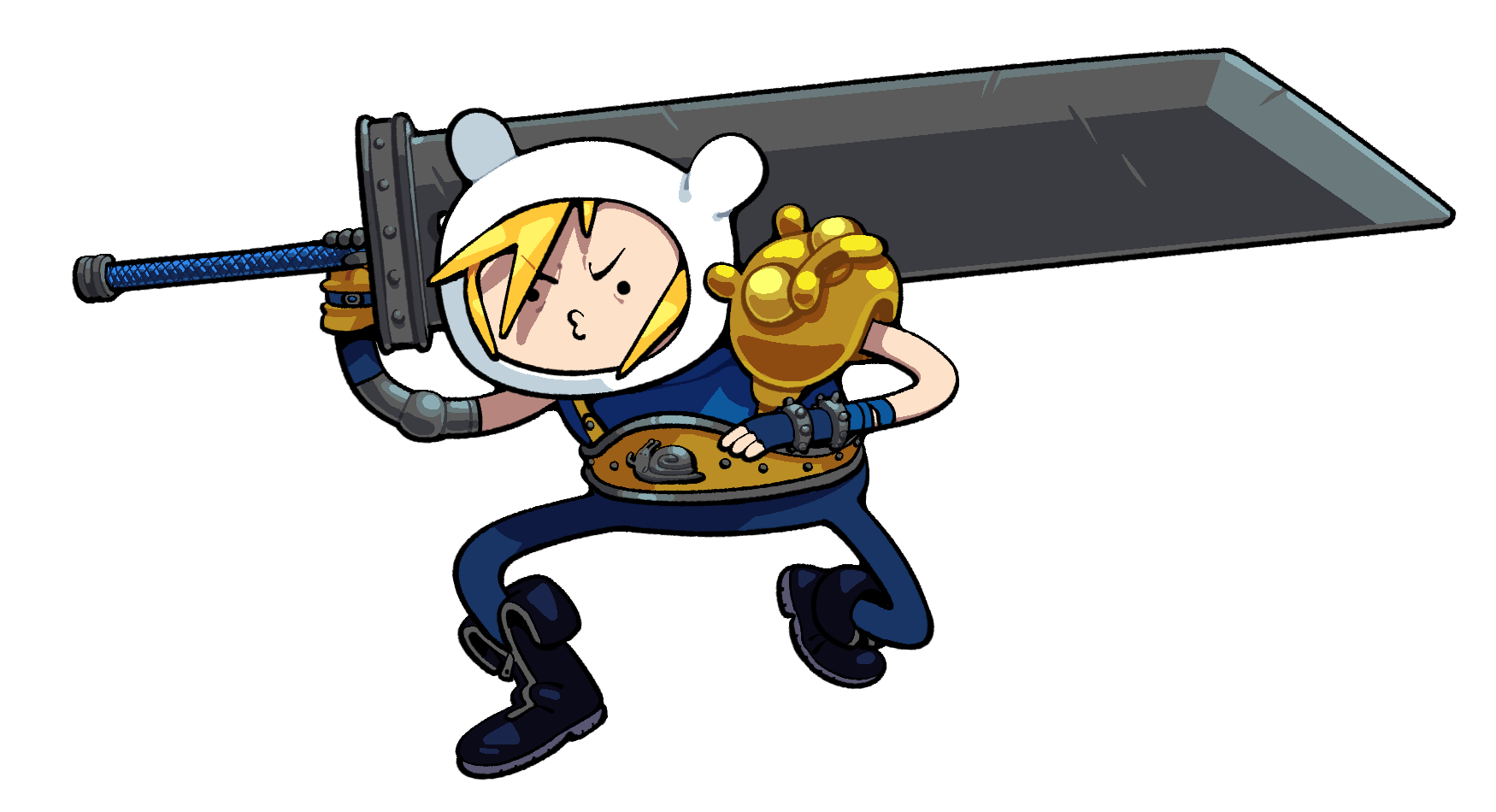 discount-supervillain, cloud strife, finn the human, adventure time, final fantasy, final fantasy vii, highres, 1boy, alternate costume, blonde hair, cloud strife (cosplay), cosplay, hat, holding, male focus, mechanical arms, shirt, shorts, simple background, single mechanical arm, solo, sword, toon (style), weapon