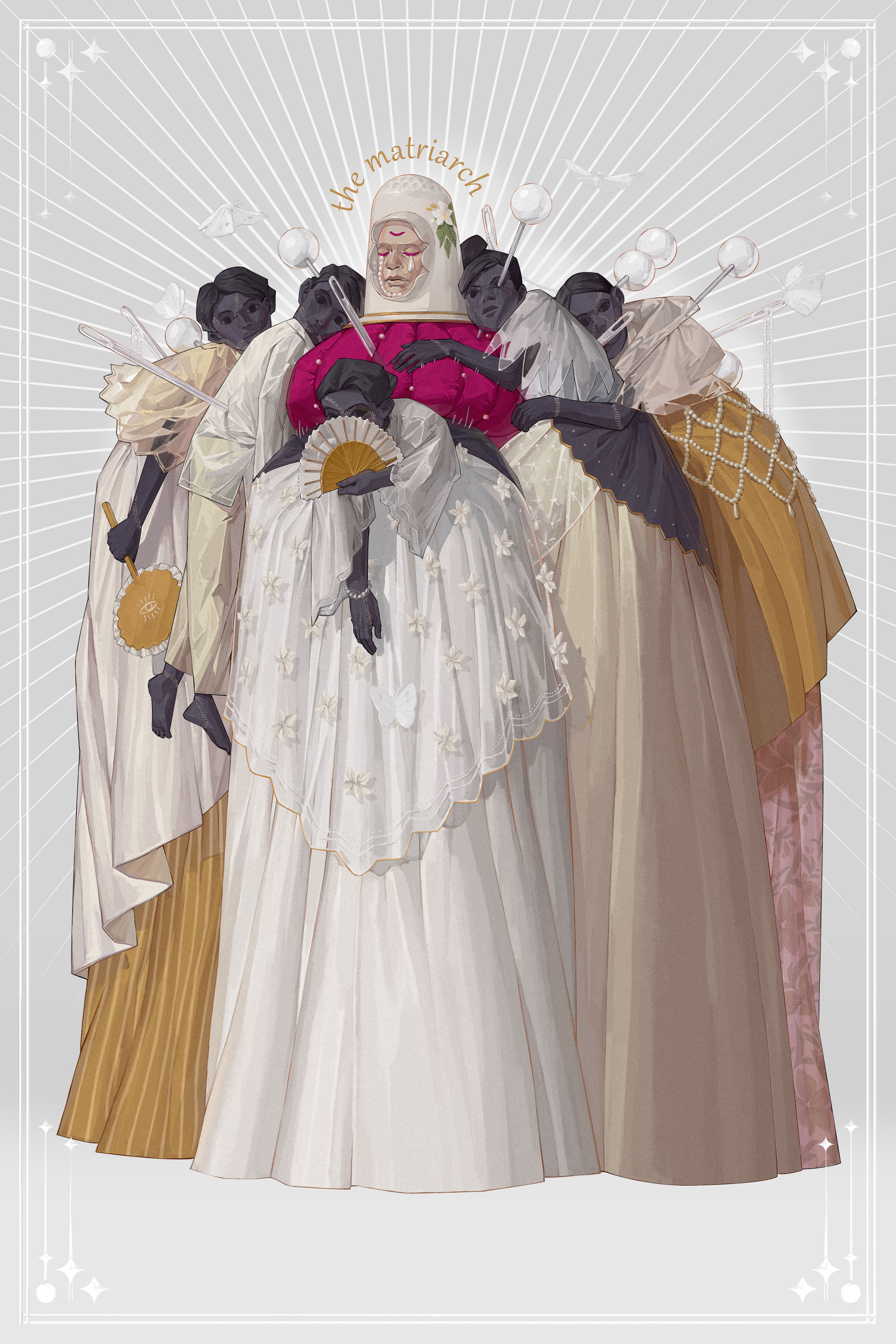 patrick ganas, original, absurdres, highres, black skin, black skirt, colored skin, doll, dress, hand fan, hug, needle, pincushion, sewing needle, skirt, stitched arm, stitched face, stitched wrist, stitches, teardrop, white dress, witch, yellow dress