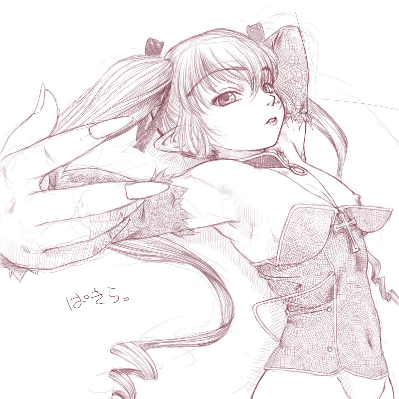 mashue, pachira, renkin san-kyuu magical pokaan, 1girl, armpits, bottomless, female focus, flat chest, foreshortening, long hair, looking at viewer, monochrome, nipple slip, nipples, simple background, sketch, solo, white background